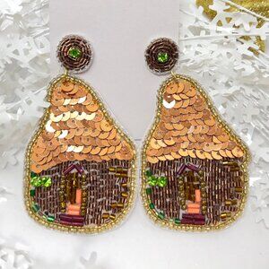 Handmade Beaded Earring, Gingerbread House Rustic Gold